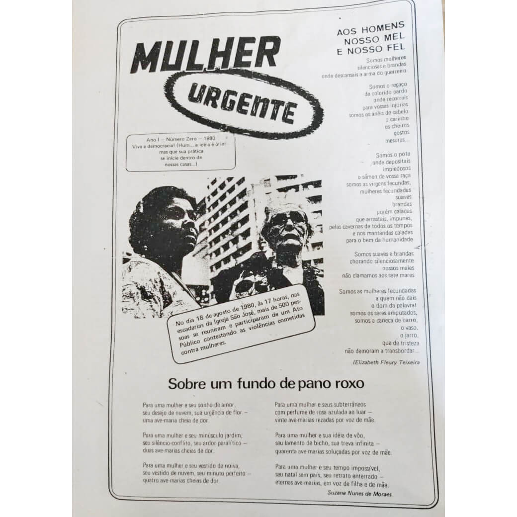 Capa da publicação "Mulher Urgente", criada para distribuir às mulheres que, semana seguinte, estiveram reunidas p/criar o Centro de Defesa dos Direitos da Mulher/MG.