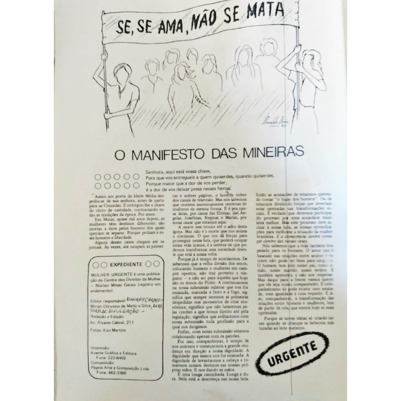 Pág. 02 de "Mulher Urgente" onde se pode ler o "Manifesto das Mineiras" lido por Mirian Chrystus durante a noite do ato público de 1980.  A arte final desta publicação foi feita pela jornalista Dione Dutra.